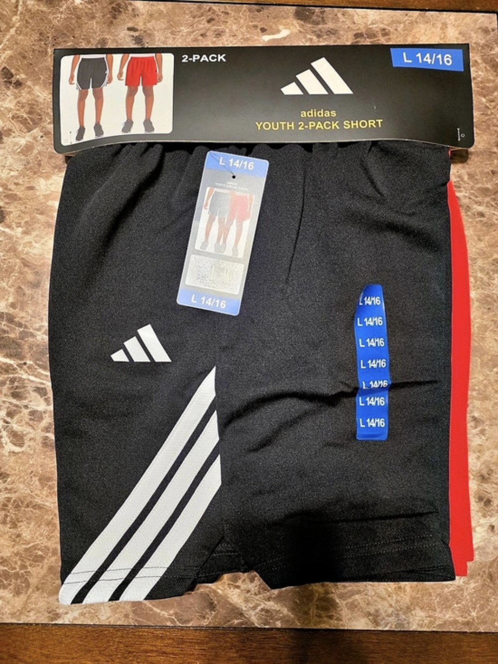 adidas Youth 2-Pack Short Boys Large Athletic Shorts Black & Red